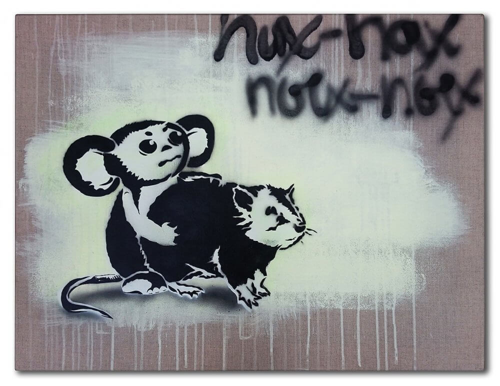 Stencil work with spray paint on canvas