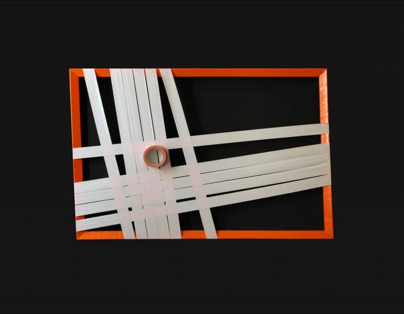 Abstraktes Klebeband-Kunstwerk-Orange Struktur- Tape-Künstler Ostap- Jahr 2012 Orange Struktur-Abstraktes Gewebtes Tape-Art- Künstler Ostap 2012