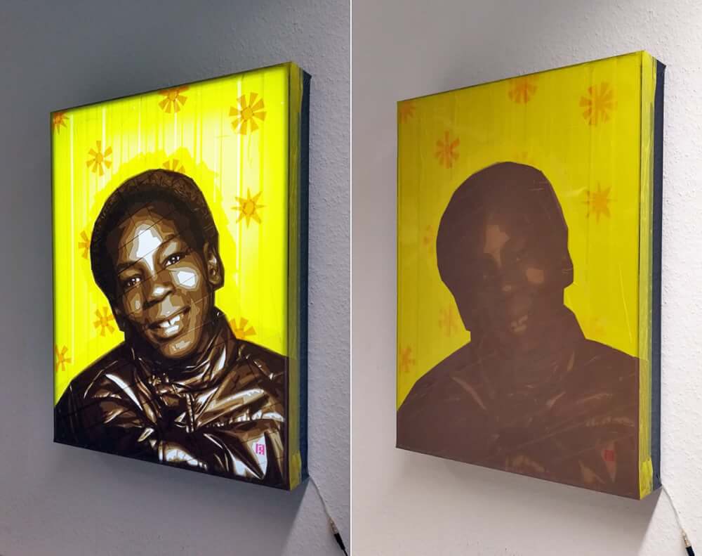 Packing tape portrait of boxing legend with light and without light packing-tape-portrait-mike-tyson-illumination-Ostapartist-2015