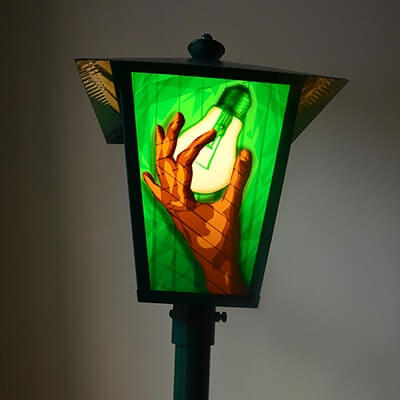 A lantern installation of packing tape and water tubes- thumbnail