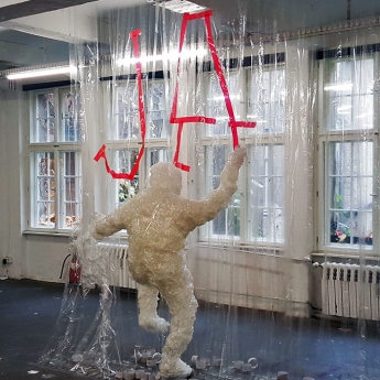 Climbing man- packaging tape art sculpture by Selfmadecrew-2016