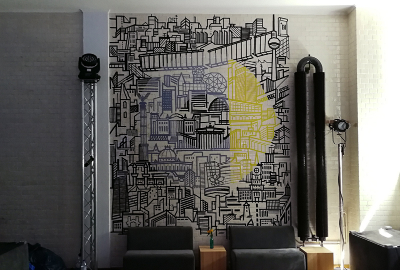 Smart logo-Berlin skyline- duct tape interior design- wall art by Selfmadecrew