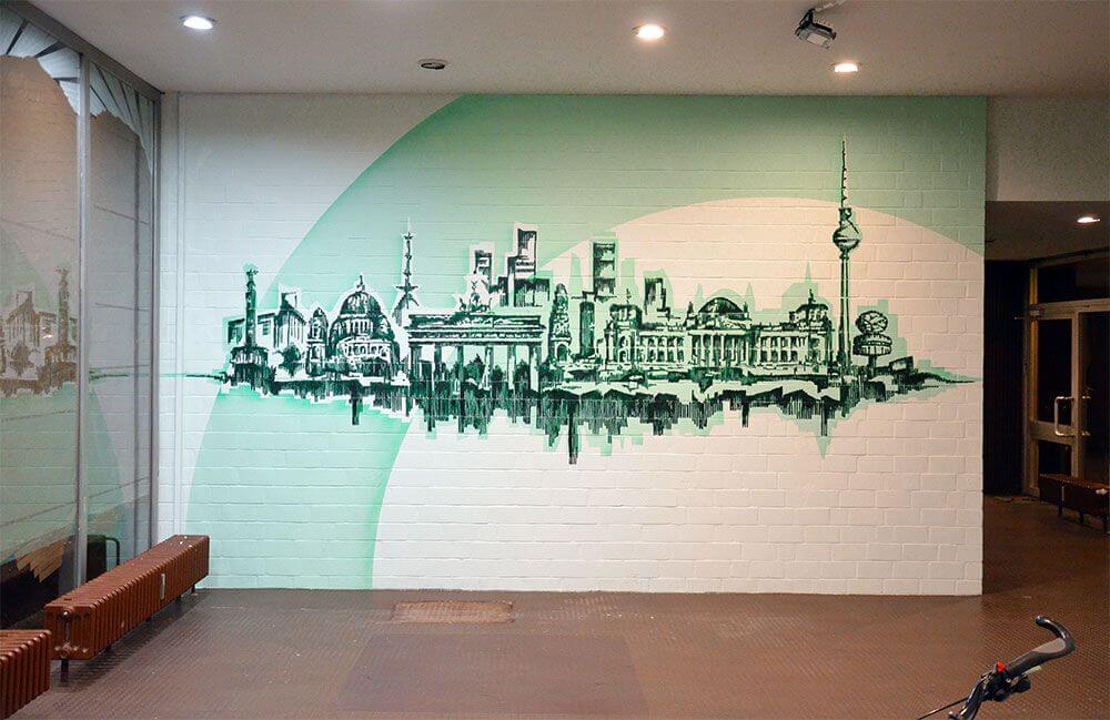 Permanent foyer mural with the Berlin skyline