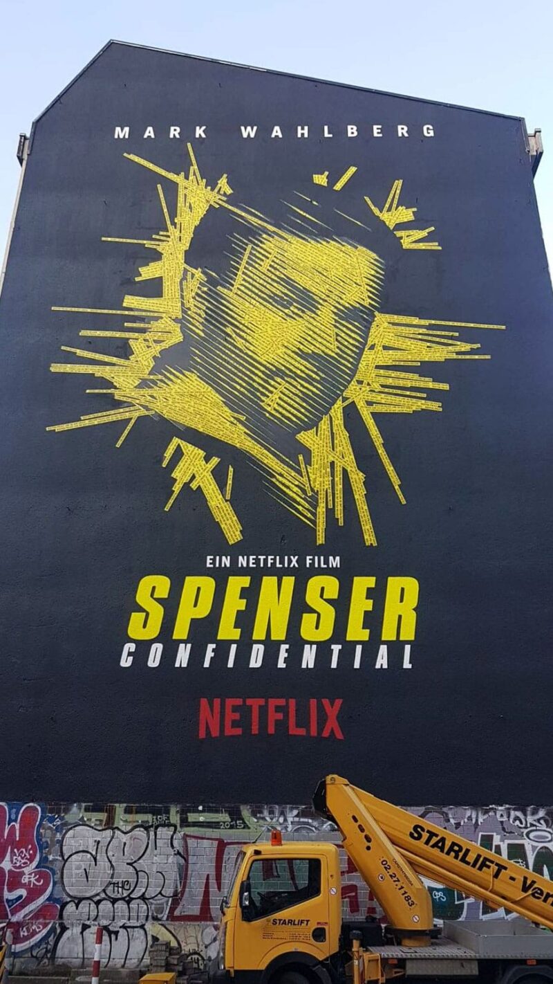 Mark Wahlberg's barrier tape portrait mural