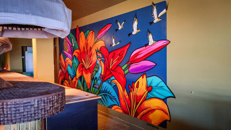 Wall art with spray paint in the hotel foyer