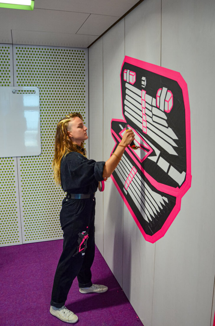 Room activation with tape art in the Google office in Zurich