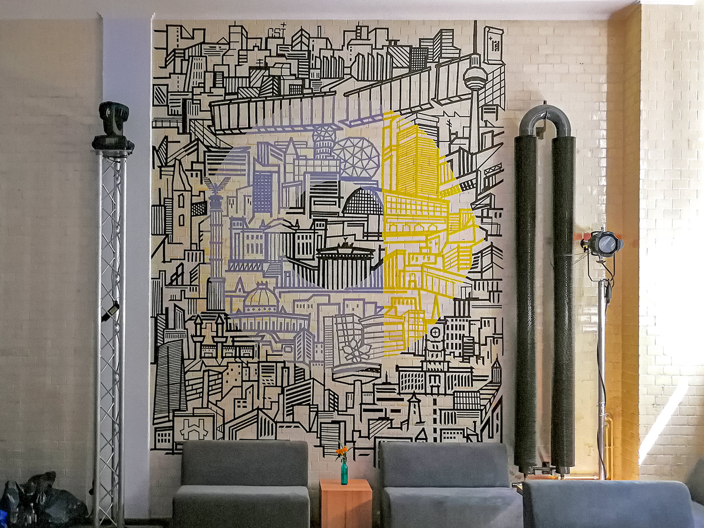 Large-scale wall mural in an interior space