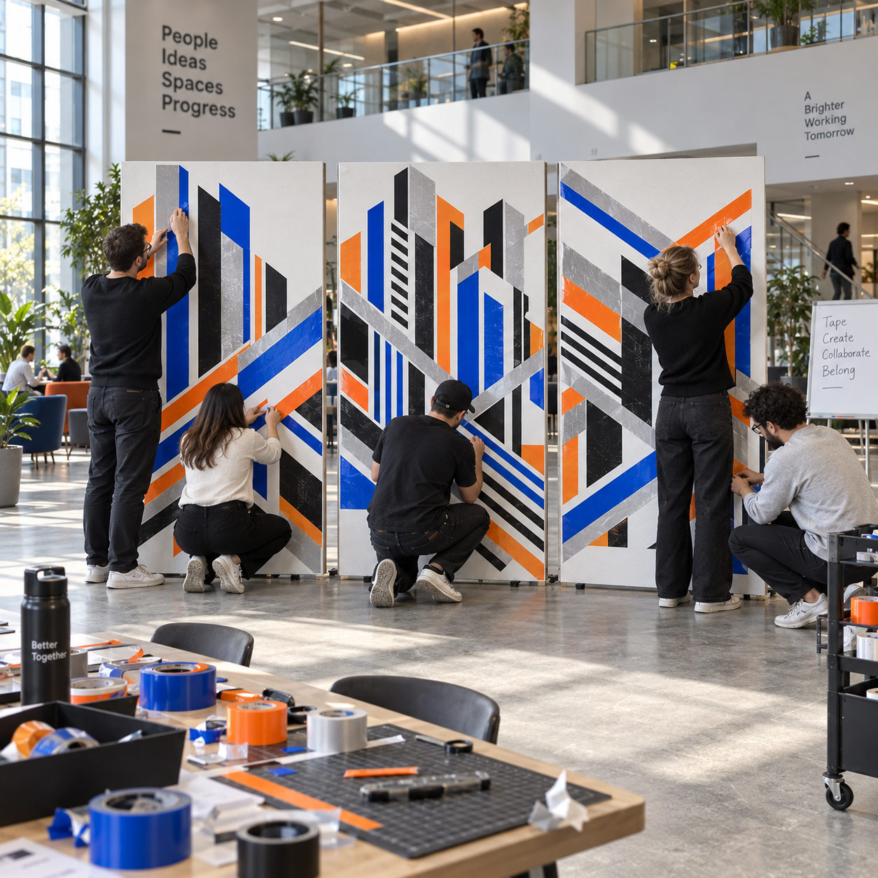 Participants taping three large tape art panels in an office atrium, with a table of tape and materials in the foreground