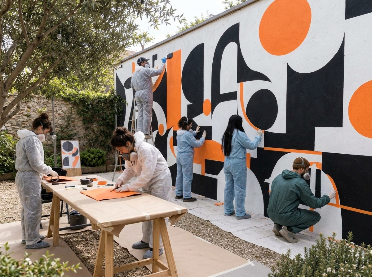 Team spray-painting a large abstract mural outdoors
