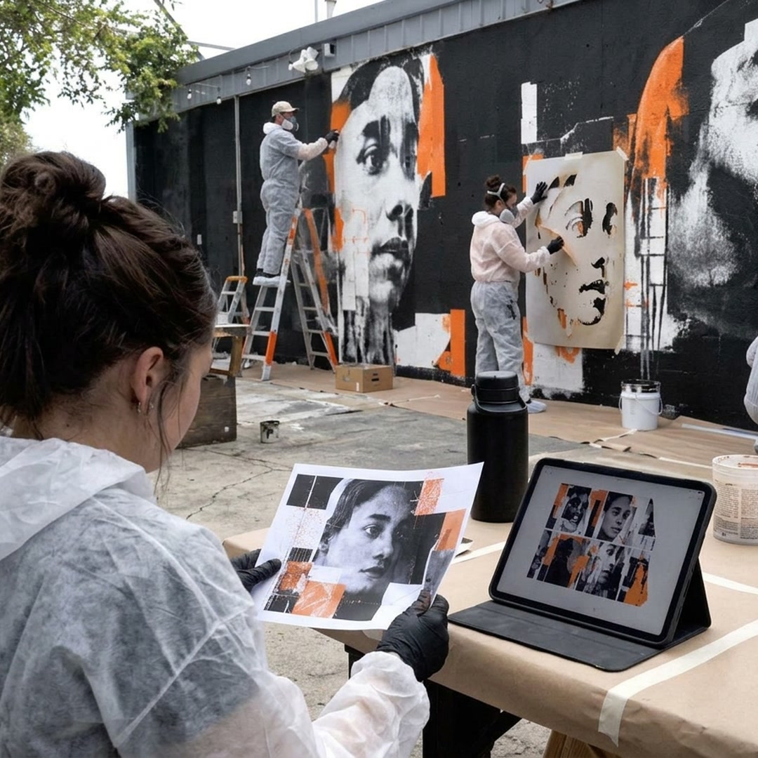 Participant comparing printout and tablet in front of the emerging wall piece, square crop