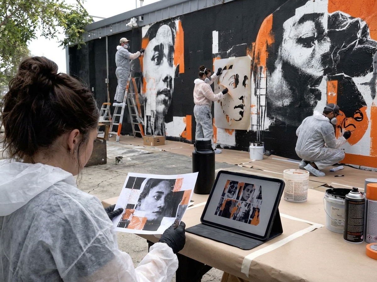 Participant comparing a printout with the variations on a tablet while the motif is already taking shape on the wall behind