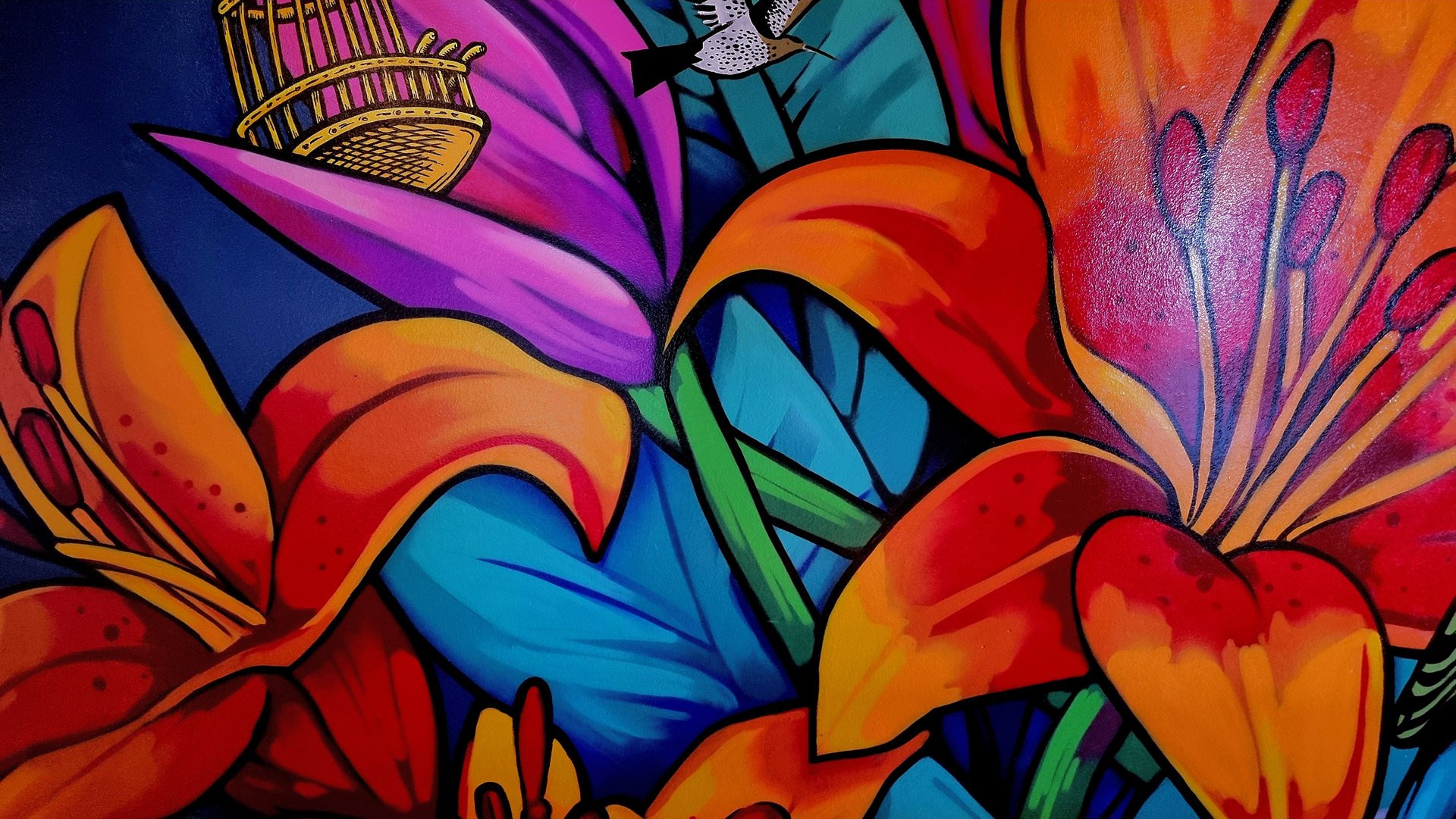 Colourful graffiti mural with flowers