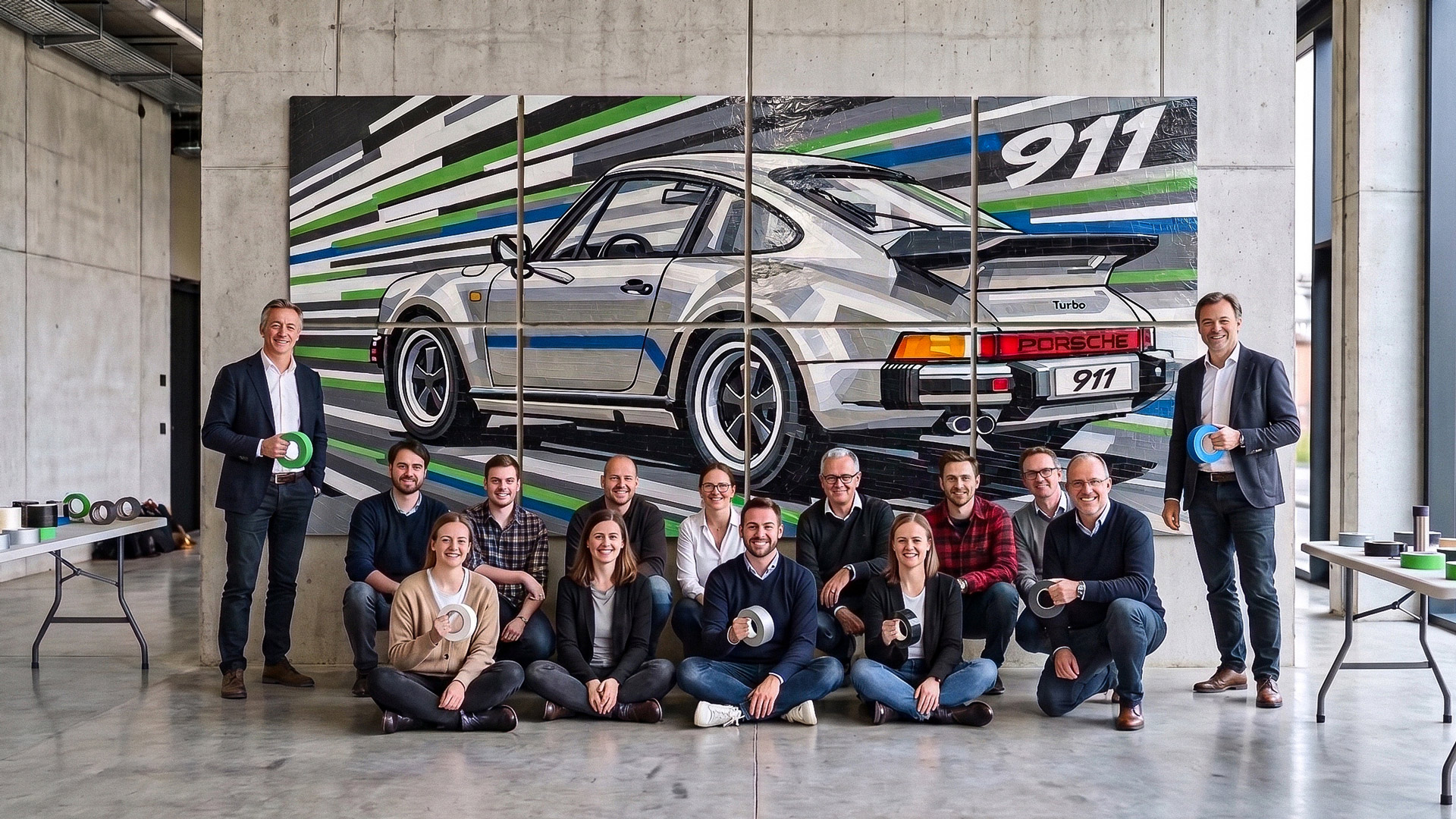 A group stands and sits in front of a large tape art mural of a silver sports car assembled from eight panels; several hold rolls of tape
