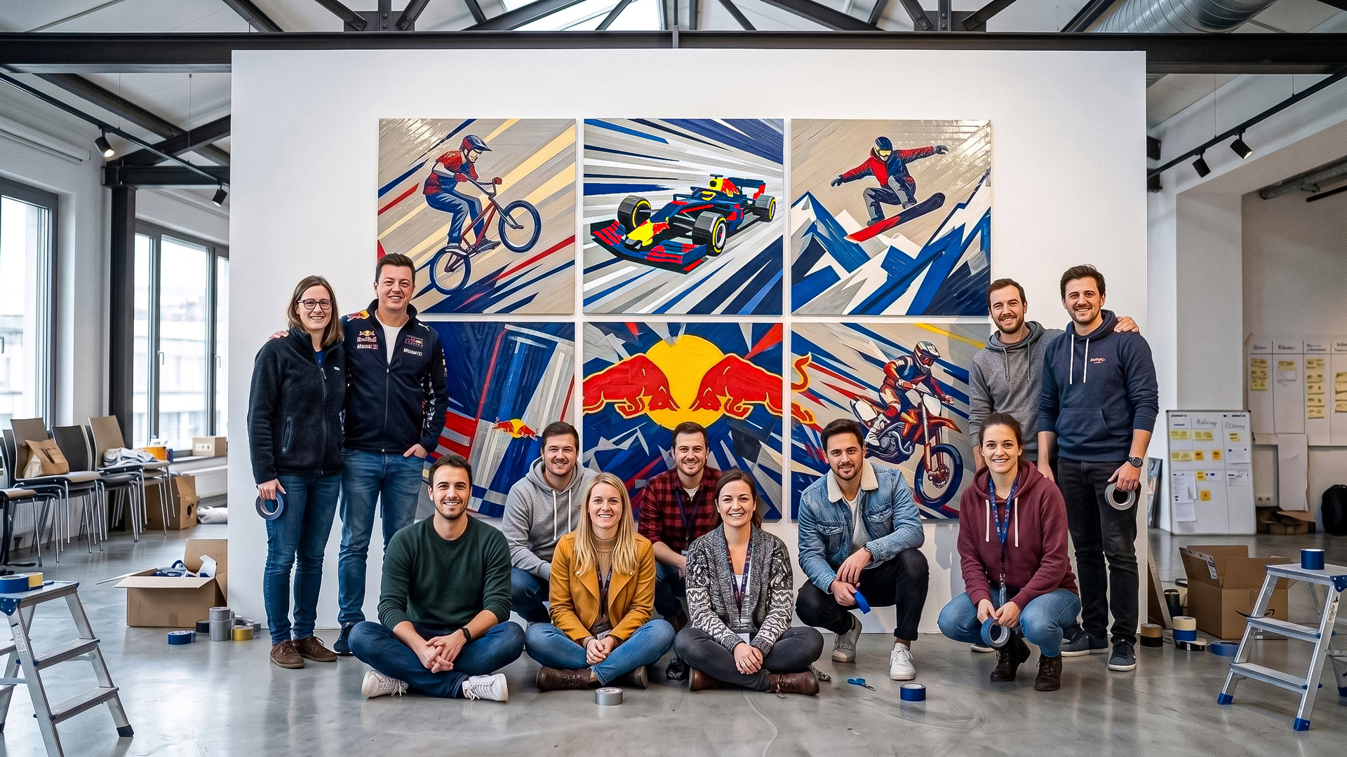 A group stands and sits in front of six individual tape art pieces with sports motifs in a shared colour palette of blue, red and yellow