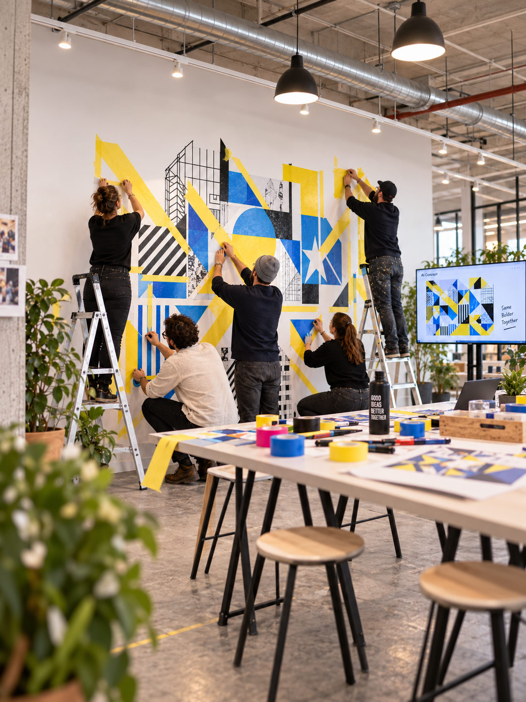 Participants on ladders taping a yellow and blue tape art mural in an office, with the AI concept shown on a screen beside them