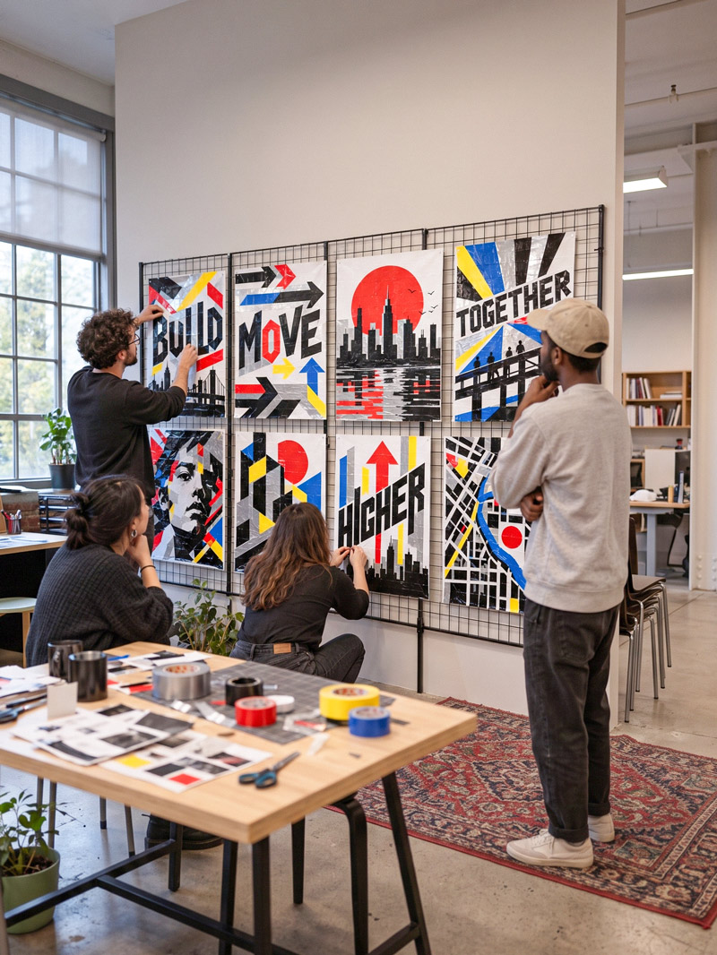 Four participants arranging and finishing a series of eight Tape Art pieces with motifs and lettering such as “Build”, “Move”, “Higher” and “Together” on a wire grid in an office, with a table of tape rolls in front