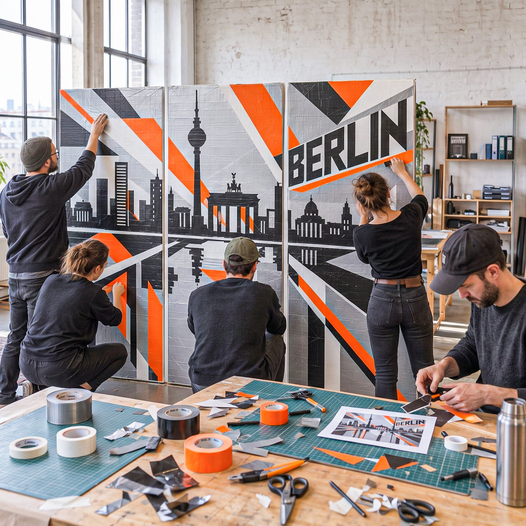 Five participants applying and cutting tape for three connected panels showing the Berlin skyline, with a worktable of tape rolls and scissors in front, square crop