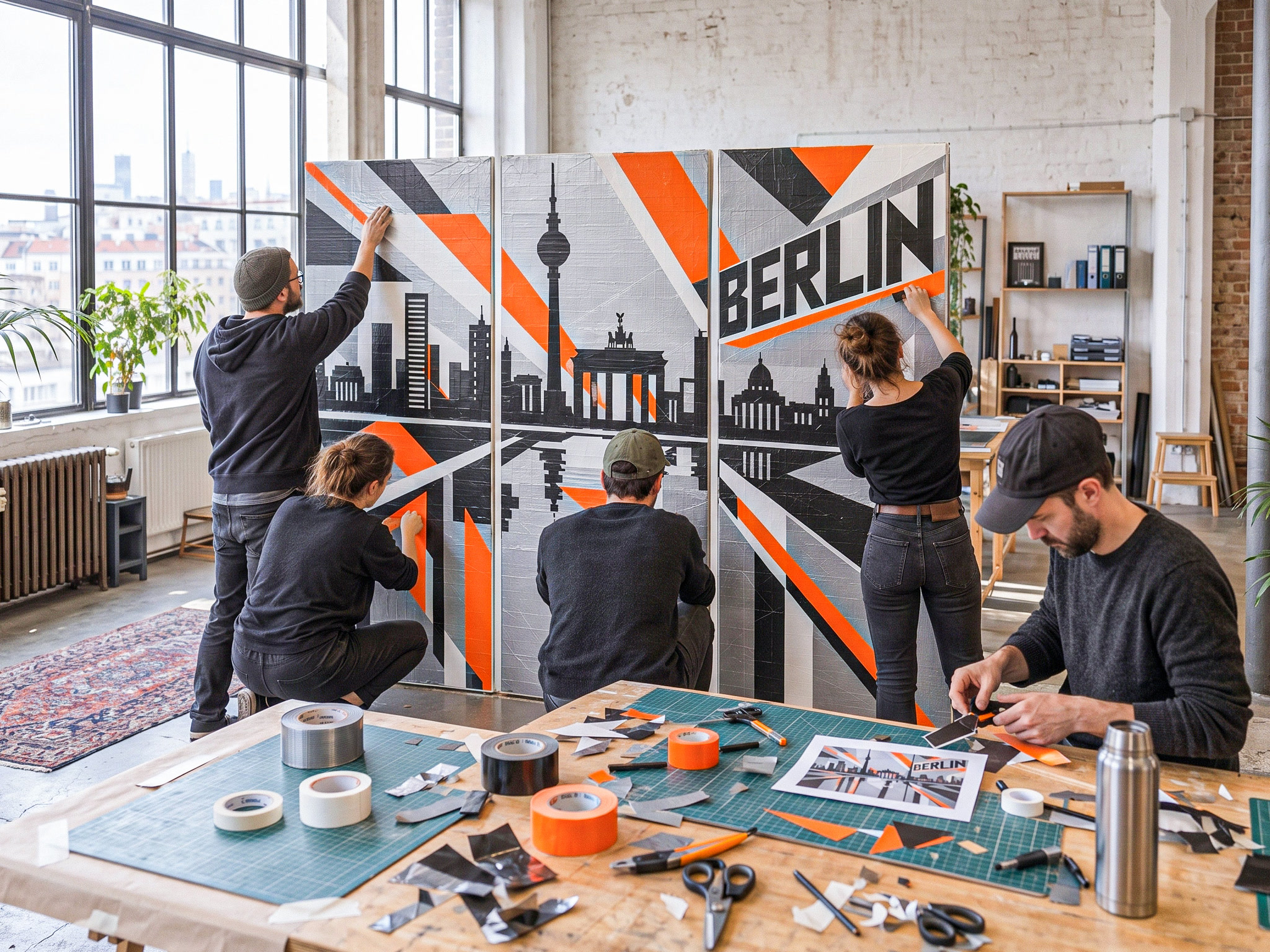 Five participants work together on three connected Tape Art panels showing the Berlin skyline and the word BERLIN; tape rolls, cutters and scissors lie on the worktable in the foreground