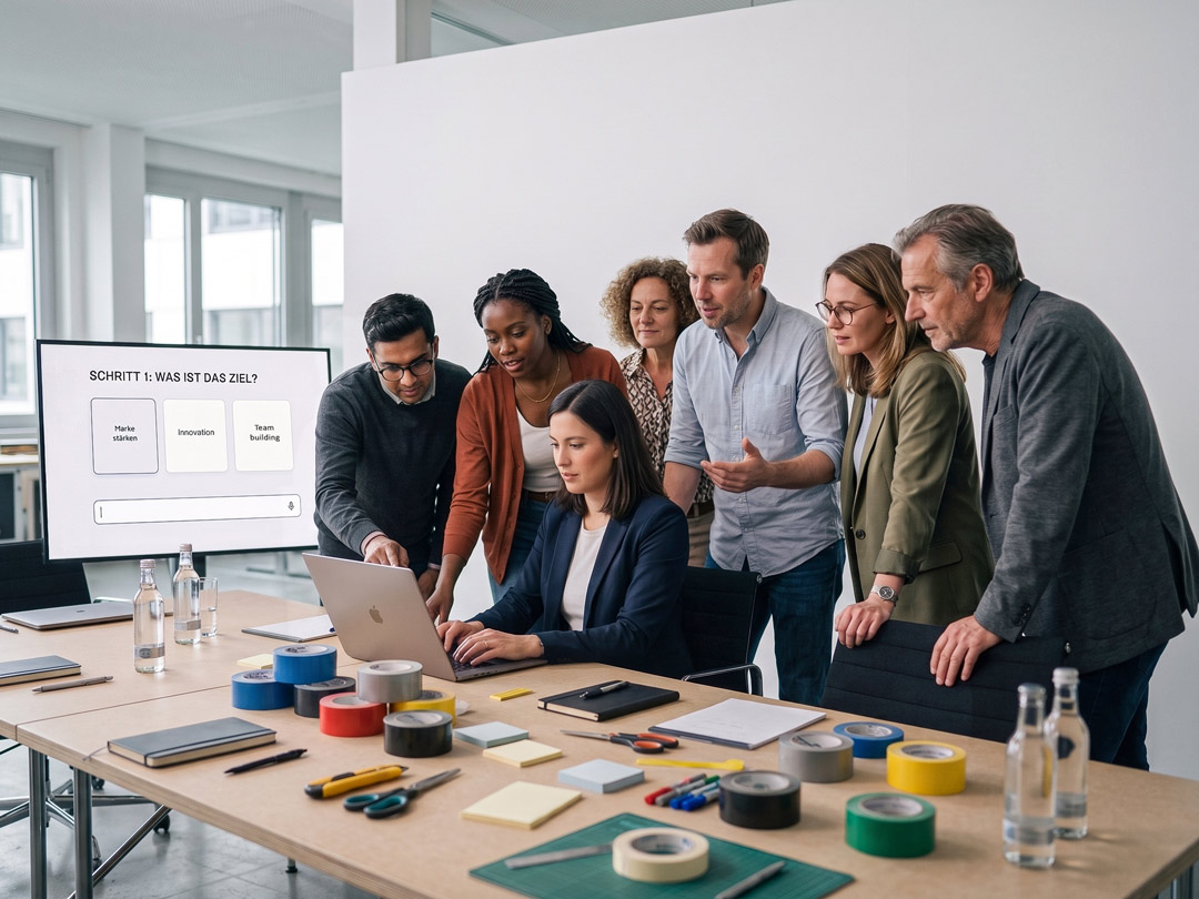 Six participants standing and sitting around a conference table with a laptop, rolls of tape and notes; the screen reads “Schritt 1: Was ist das Ziel?” with three options